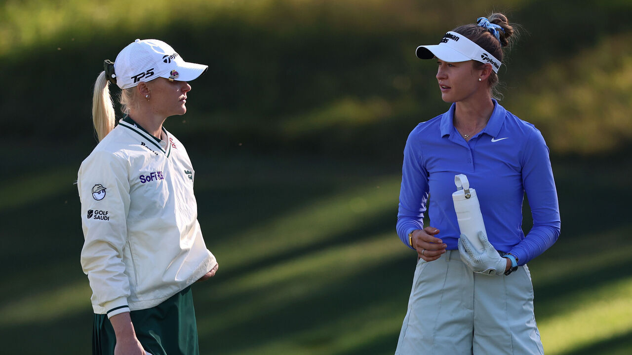 LAS VEGAS, NEVADA - APRIL 02: Nelly Korda of the United States and Charley Hull of England talk on the 15th green during the first round of the Aramco Championship 2026 at Shadow Creek Golf Course on April 02, 2026 in Las Vegas, Nevada.