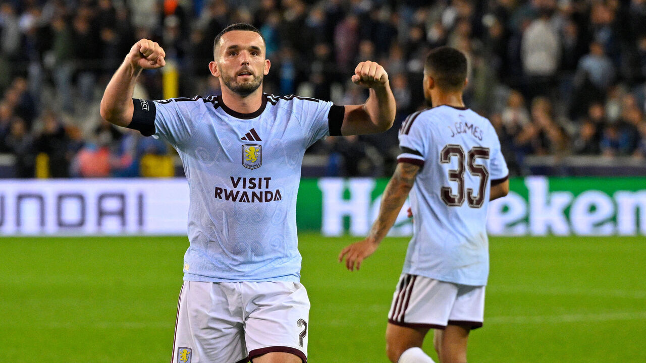 Aston Villa's Scottish midfielder #07 John McGinn celebrates after winning the UEFA Champions League - League phase, Matchday 1 - football match between Club Brugge KV and Aston Villa FC at the Jan Breydel Stadium in Bruges on September 8, 2026.