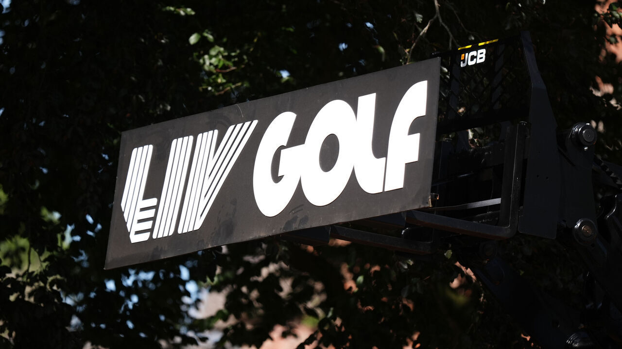 Close view of the LIV Golf logo during day one of LIV Golf United Kingdom 2026 at the JCB Golf and Country Club, Rocester. Picture date: Thursday July 23, 2026.