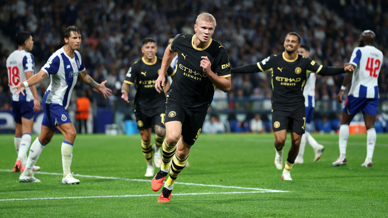 PORTO, PORTUGAL - SEPTEMBER 08: Erling Haaland of Manchester City celebrates scoring his team’s second goal during the UEFA Champions League 2026/27 League Phase MD1 match between FC Porto and Manchester City at Estadio do Dragao on September 08, 2026 in Porto, Portugal.