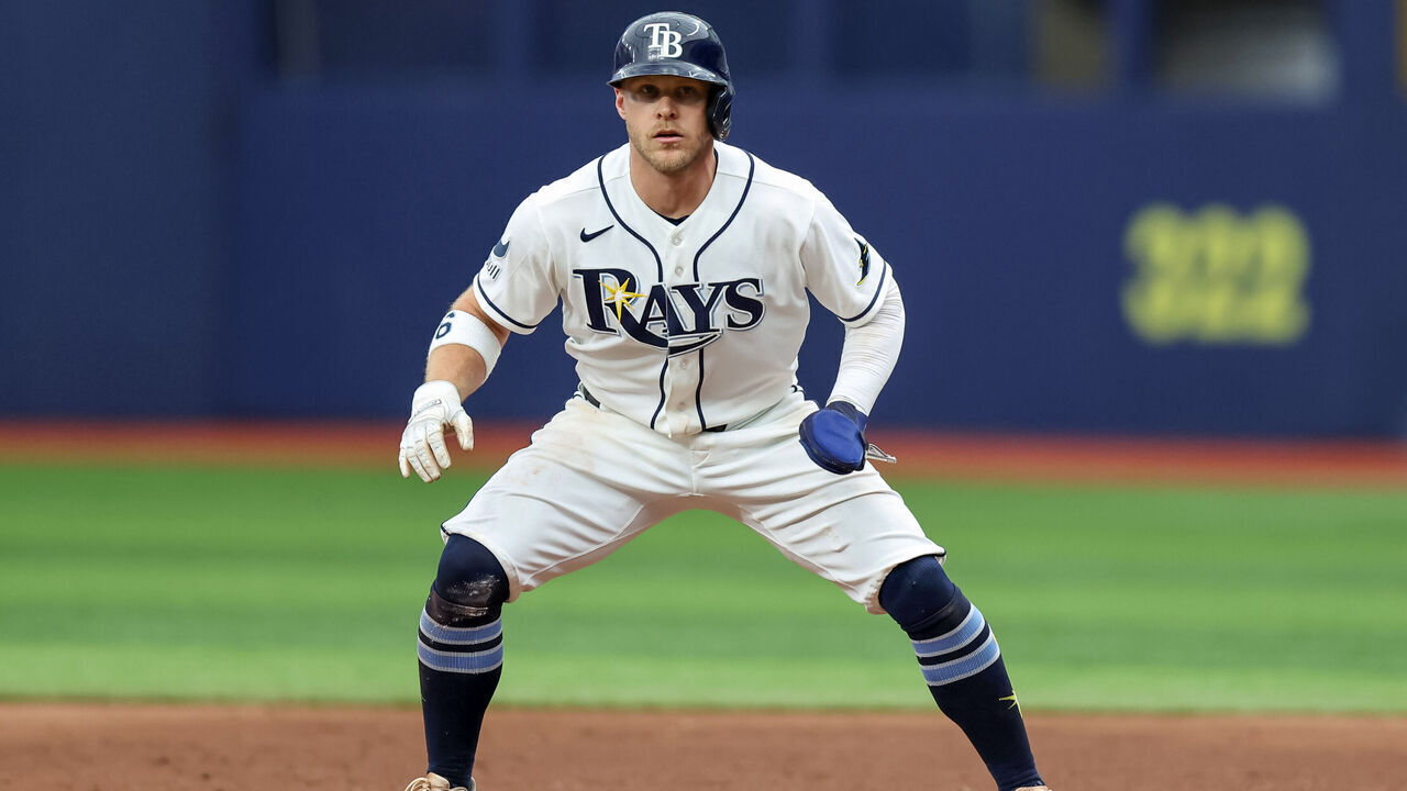 ST. PETERSBURG, FL - AUGUST 30: Taylor Walls #6 of the Tampa Bay Rays on base against the San Diego Padres during a baseball game at Tropicana Field on August 30, 2026 in St. Petersburg, Florida.