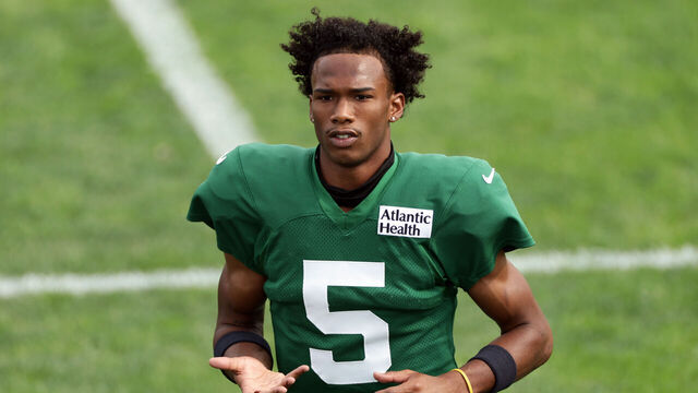 FLORHAM PARK, NEW JERSEY - AUGUST 11: Garrett Wilson #5 of the New York Jets during a joint practice between the Tampa Bay Buccaneers and New York Jets at Atlantic Health Jets Training Center on August 11, 2026 in Florham Park, New Jersey.