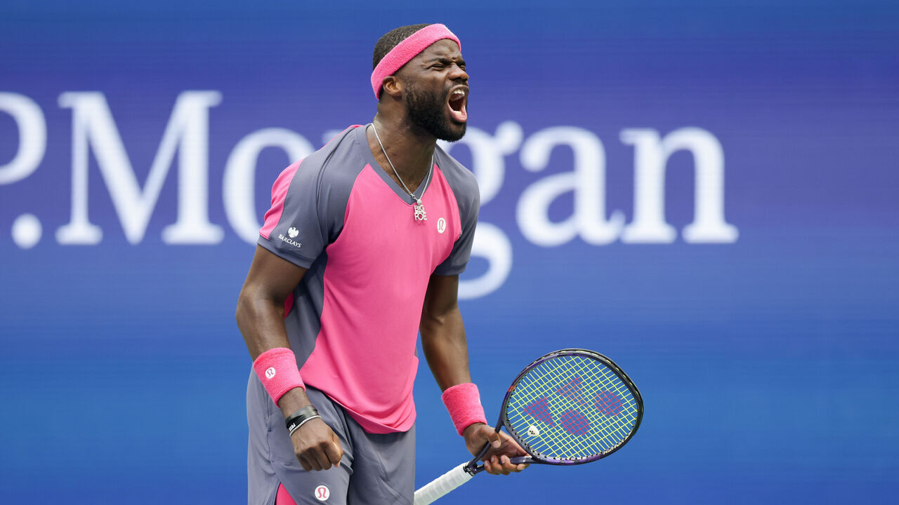 NEW YORK, NEW YORK - SEPTEMBER 08: Frances Tiafoe reacts against Alex Michelsen during a Men's Singles quarterfinal match on Day Ten of the 2026 US Open at USTA Billie Jean King National Tennis Center on Tuesday, September 8, 2026 in Flushing, NY.