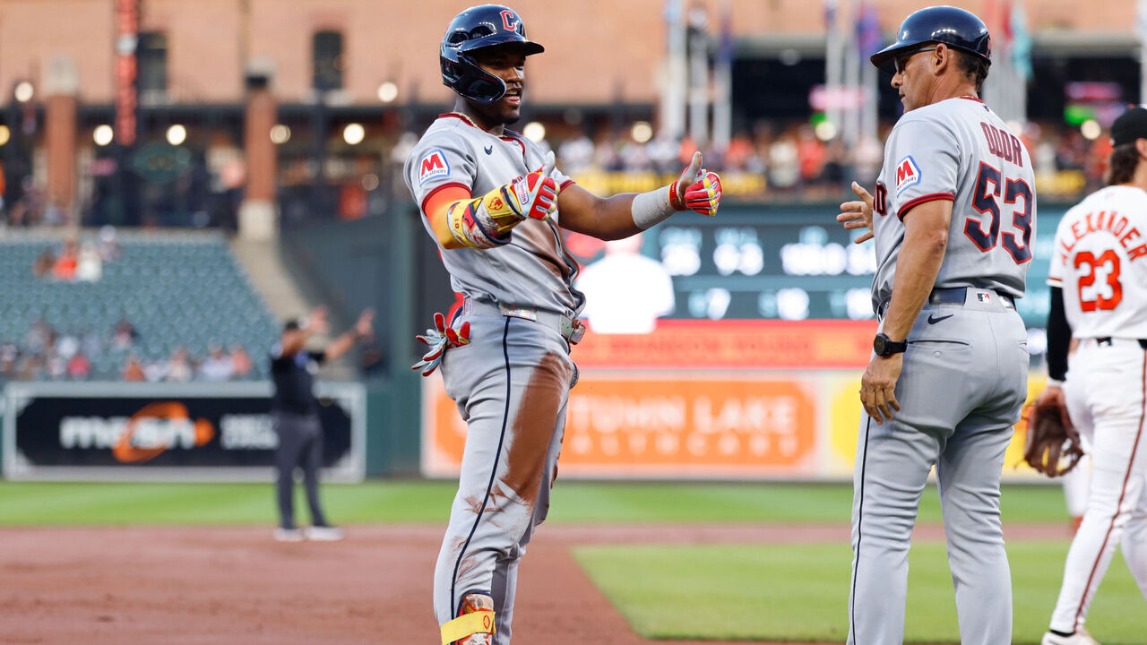 BALTIMORE, MD - SEPTEMBER 08: Angel Martínez #1 of the Cleveland Guardians celebrates after tripling in the second inning during the game between the Cleveland Guardians and the Baltimore Orioles at Oriole Park at Camden Yards on Tuesday, September 8, 2026 in Baltimore, Maryland.