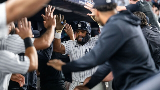NEW YORK, NY - SEPTEMBER 08: Heliot Ramos #34 of the New York Yankees celebrates with teammates in the dugout after hitting a three-run home run during the game between the Colorado Rockies and the New York Yankees at Yankee Stadium on Tuesday, September 8, 2026 in New York, New York.