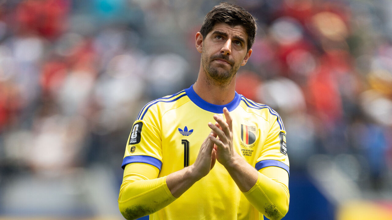 INGLEWOOD, CA - JULY 10: Thibaut Courtois #1 of Belgium looks after his team's loss to Spain in the FIFA World Cup Quarter Final match between Spain and Belgium on July 10, 2026 at Los Angeles Stadium in Inglewood, CA.