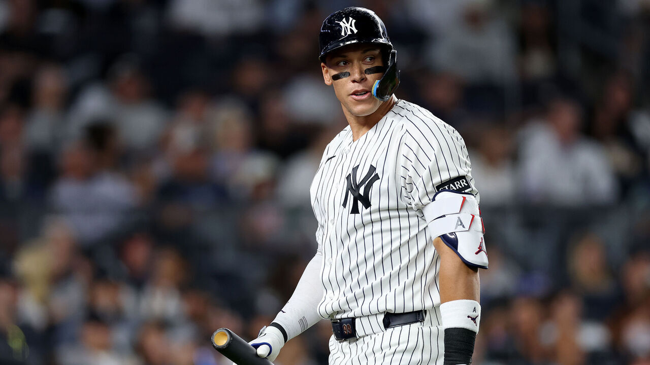 NEW YORK, NEW YORK - SEPTEMBER 08: Aaron Judge #99 of the New York Yankees reacts after striking out in the sixth inning against the Colorado Rockies at Yankee Stadium on September 08, 2026 in the Bronx borough of New York City.