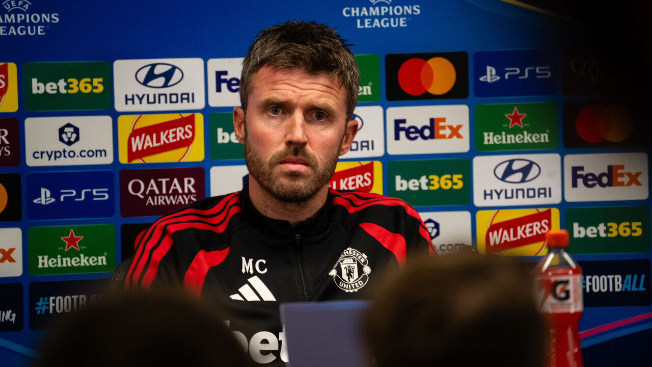 MANCHESTER, ENGLAND - SEPTEMBER 09: Head Coach Michael Carrick of Manchester United speaks during the press conference one day ahead of the UEFA Champions League 2026/27 League Phase MD1 at Carrington Training Ground on September 09, 2026 in Manchester, England.