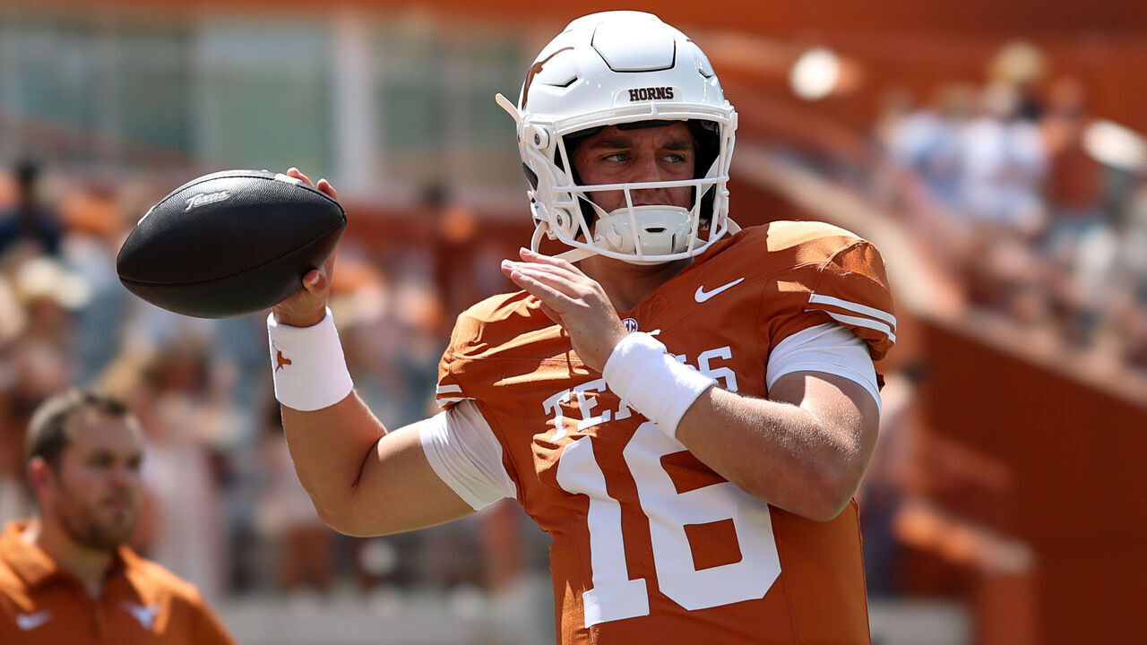 AUSTIN, TX - SEPTEMBER 05: Quarterback Arch Manning #16 of the Texas Longhorns throws a warmup pass before the college football game the Texas Longhorns and the Texas State Bobcats on September 5, 2026, at Darrell K Royal-Texas Memorial Stadium in Austin, TX.
