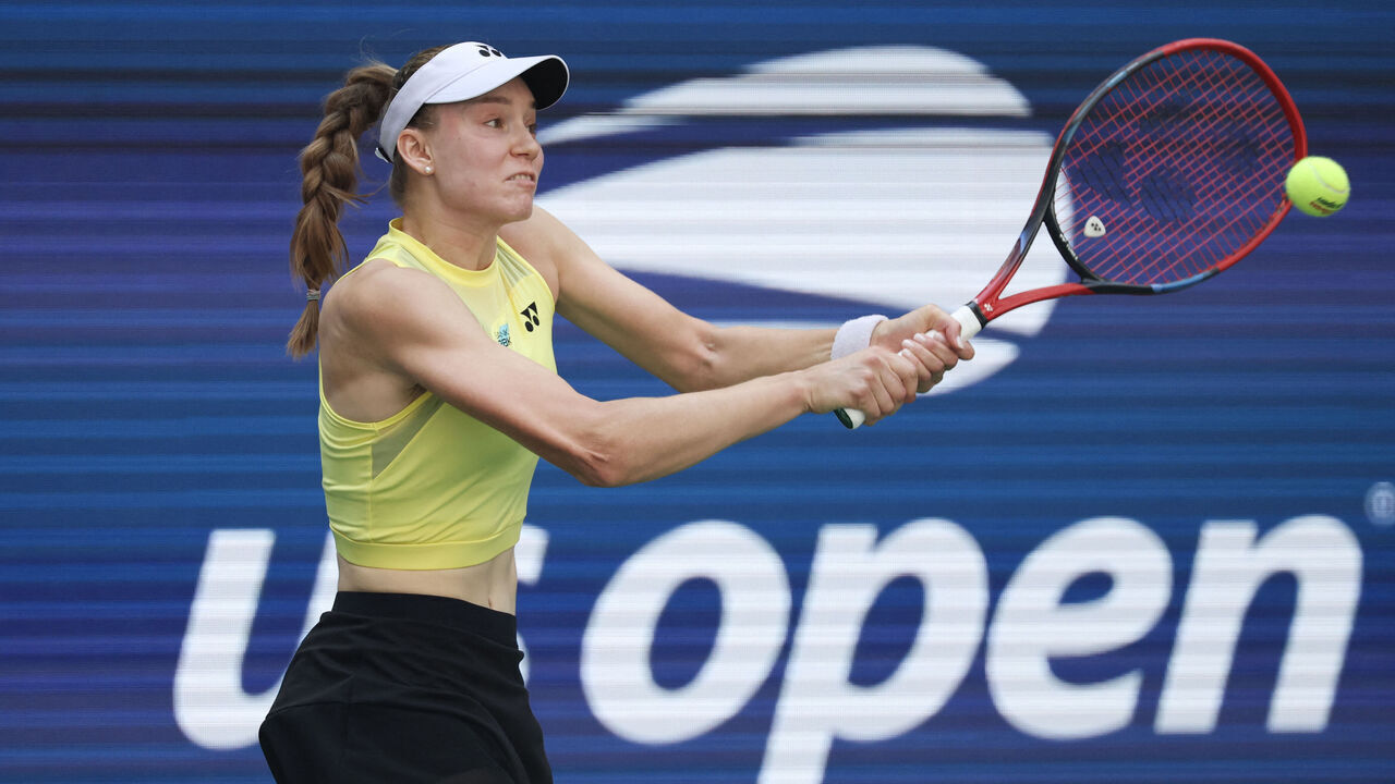 Kazakhstan's Elena Rybakina hits a return against China's Zheng Qinwen during their women's singles quarter-final tennis match on day eleven of the US Open tennis tournament at the USTA Billie Jean King National Tennis Center in New York City on September 9, 2026.