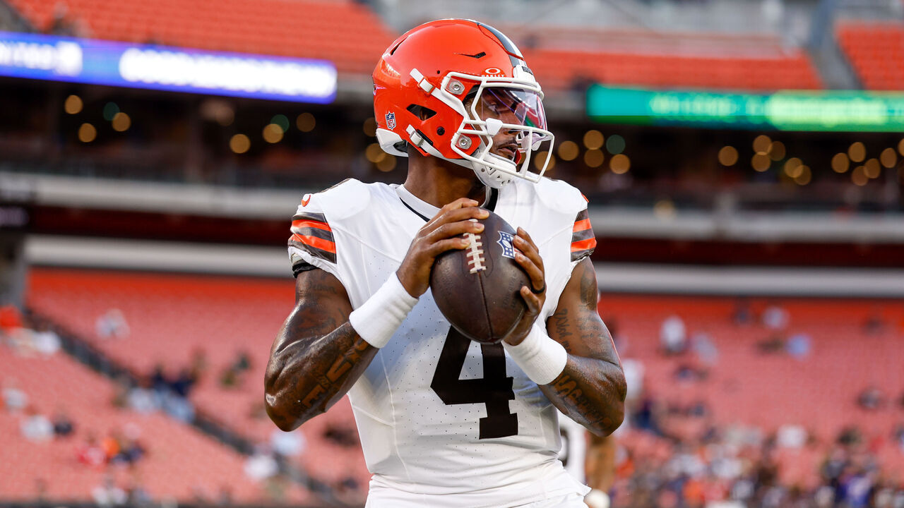 CLEVELAND, OHIO - AUGUST 27: Deshaun Watson #4 of the Cleveland Browns warms up prior to a preseason game against the New England Patriots at Huntington Bank Field on August 27, 2026 in Cleveland, Ohio.