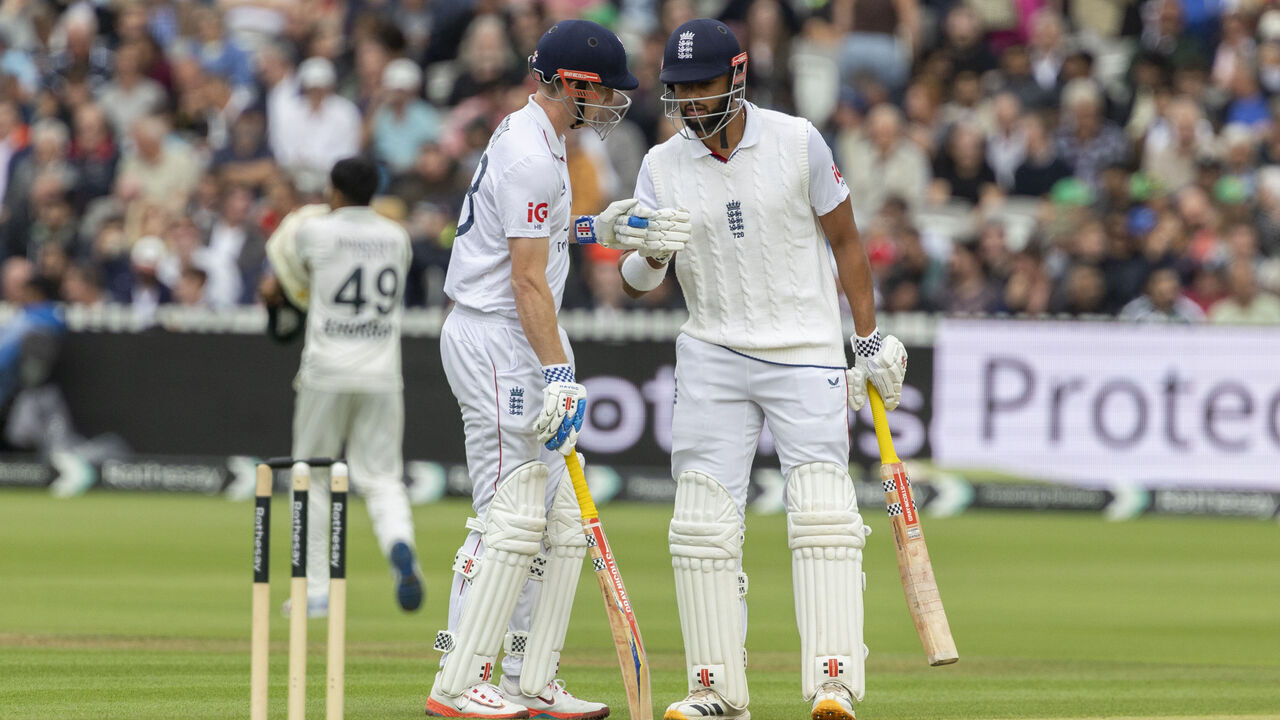 LONDON, ENGLAND - AUGUST 29: Harry Brook and Emilio Gay during bating for England on Day Three of the 2nd Rothesay Test Match as England play Pakistan at Lord's Cricket Ground on August 29, 2026 in London, England.
