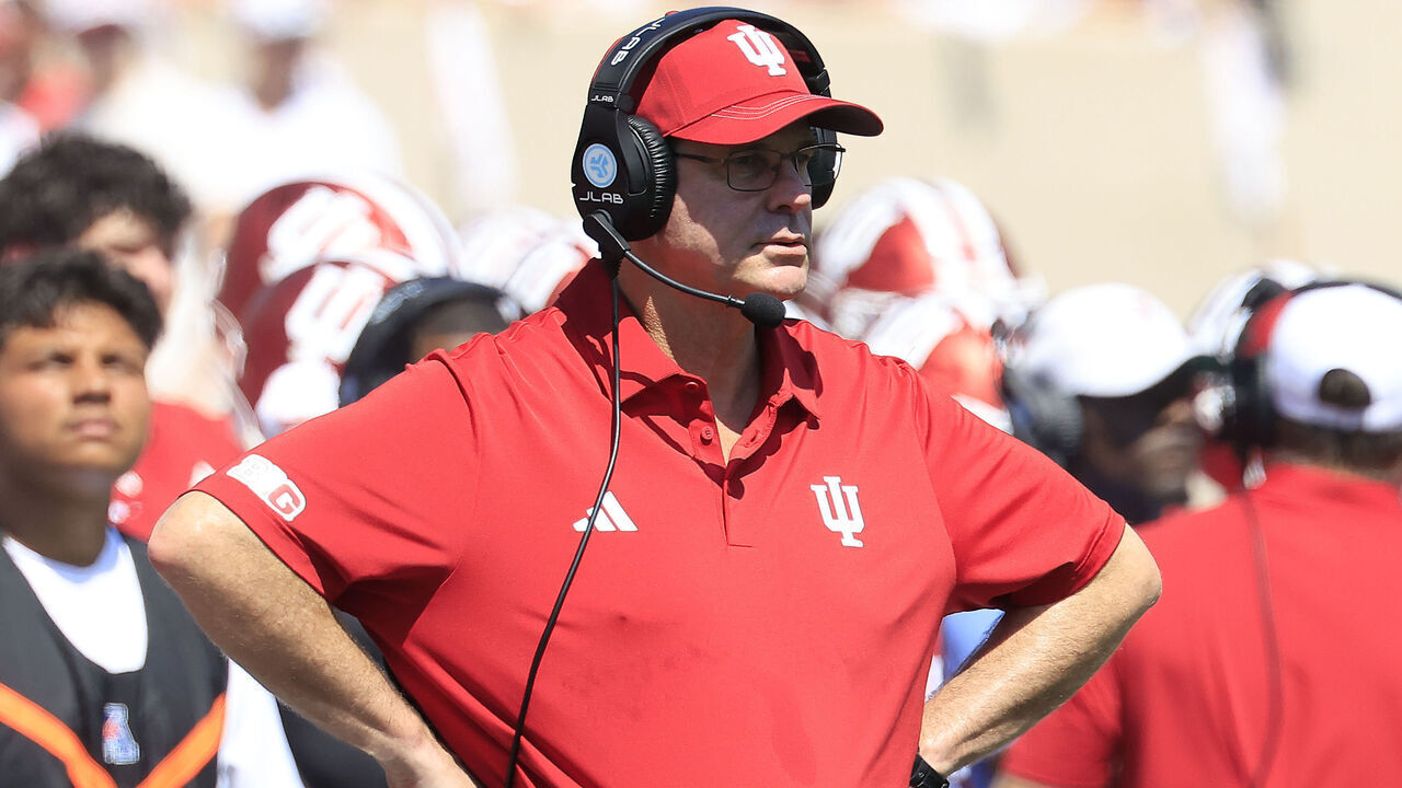 BLOOMINGTON, INDIANA - SEPTEMBER 05: Head coach Curt Cignetti of the Indiana Hoosiers looks on from the sideline in the game against the North Texas Mean Green at Memorial Stadium on September 05, 2026 in Bloomington, Indiana.