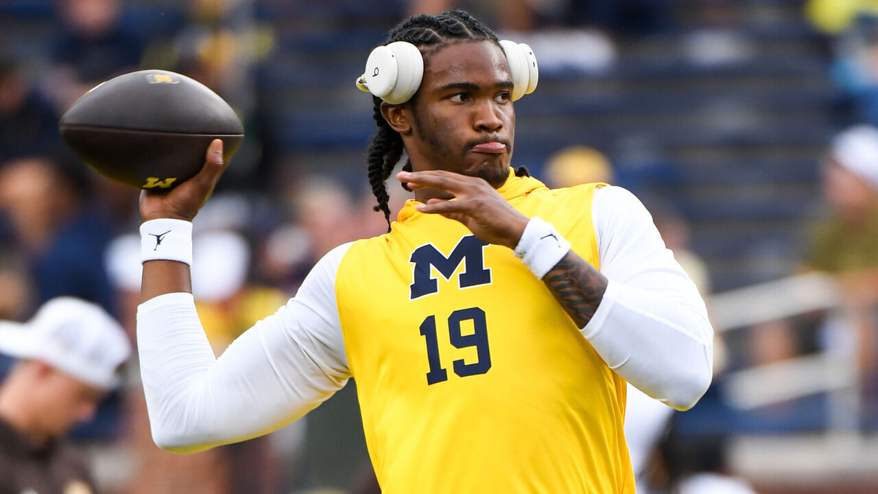 ANN ARBOR, MICHIGAN - SEPTEMBER 05: Bryce Underwood #19 of the Michigan Wolverines warms up before a college football game against the Western Michigan Broncos at Michigan Stadium on September 05, 2026 in Ann Arbor, Michigan.