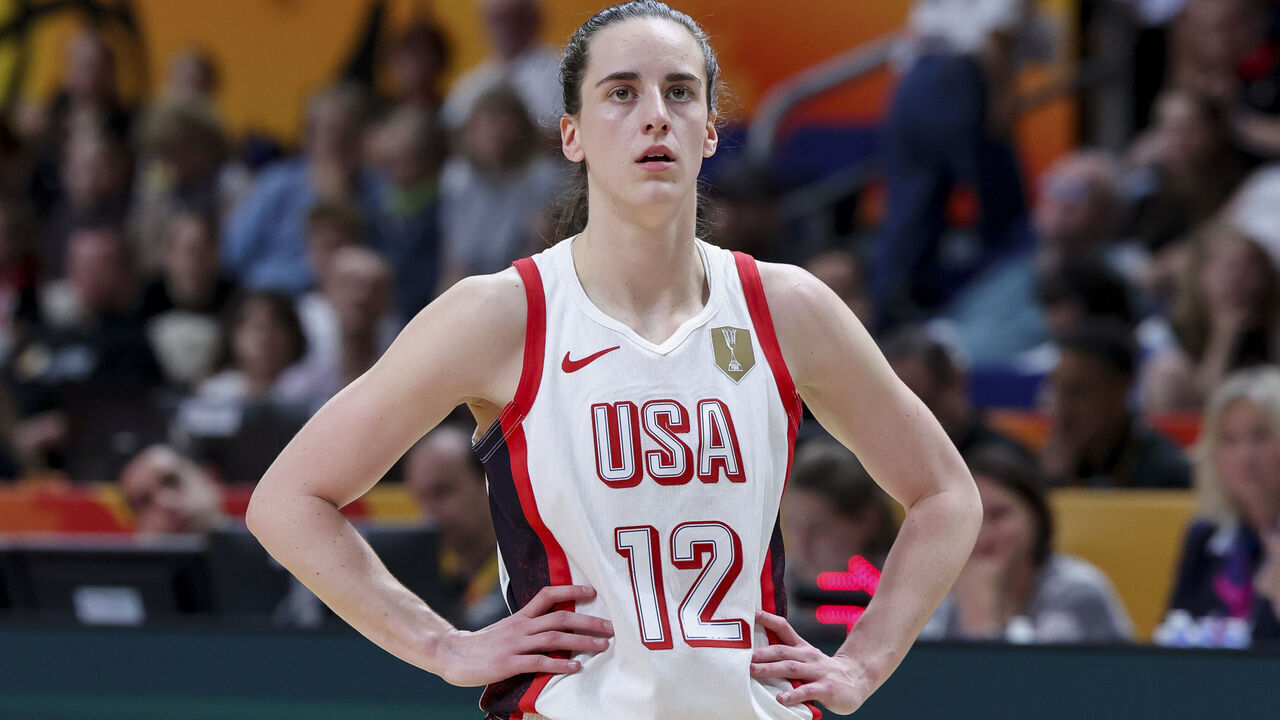 Berlin, Germany - September 7: Caitlin Clark of USA looks dejected during the FIBA Women's Basketball World Cup Germany 2026 group match between USA and Czechia at Berlin Arena on September 7, 2026 in Berlin, Germany.