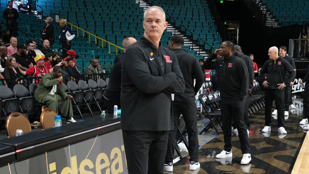 LAS VEGAS, NV - APRIL 02: Head coach Steve Pikiell of the Rutgers Scarlet Knights looks on before the 2026 College Basketball Crown - Quarterfinal game against the Creighton Bluejays at Grand Garden Arena at the MGM Grand Resort on April 02, 2026 in Las Vegas, Nevada.