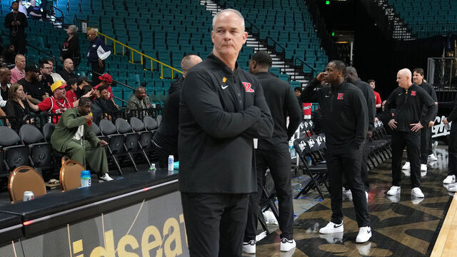 LAS VEGAS, NV - APRIL 02: Head coach Steve Pikiell of the Rutgers Scarlet Knights looks on before the 2026 College Basketball Crown - Quarterfinal game against the Creighton Bluejays at Grand Garden Arena at the MGM Grand Resort on April 02, 2026 in Las Vegas, Nevada.