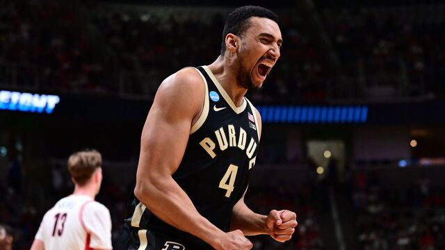 SAN JOSE, CALIFORNIA - MARCH 28: Trey Kaufman-Renn #4 of the Purdue Boilermakers celebrates against the Arizona Wildcats during the Elite Eight round game of the 2026 NCAA Men's Basketball Tournament held at SAP Center on March 28, 2026 in San Jose, California.