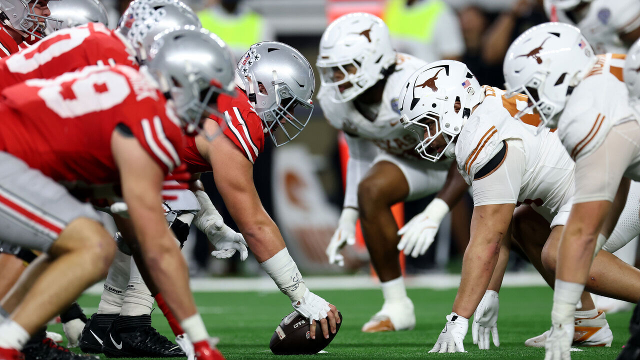 ARLINGTON, TEXAS - JANUARY 10: The Ohio State Buckeyes and Texas Longhorns line up for a play in the fourth quarter during the Goodyear Cotton Bowl at AT&T Stadium on January 10, 2025 in Arlington, Texas.