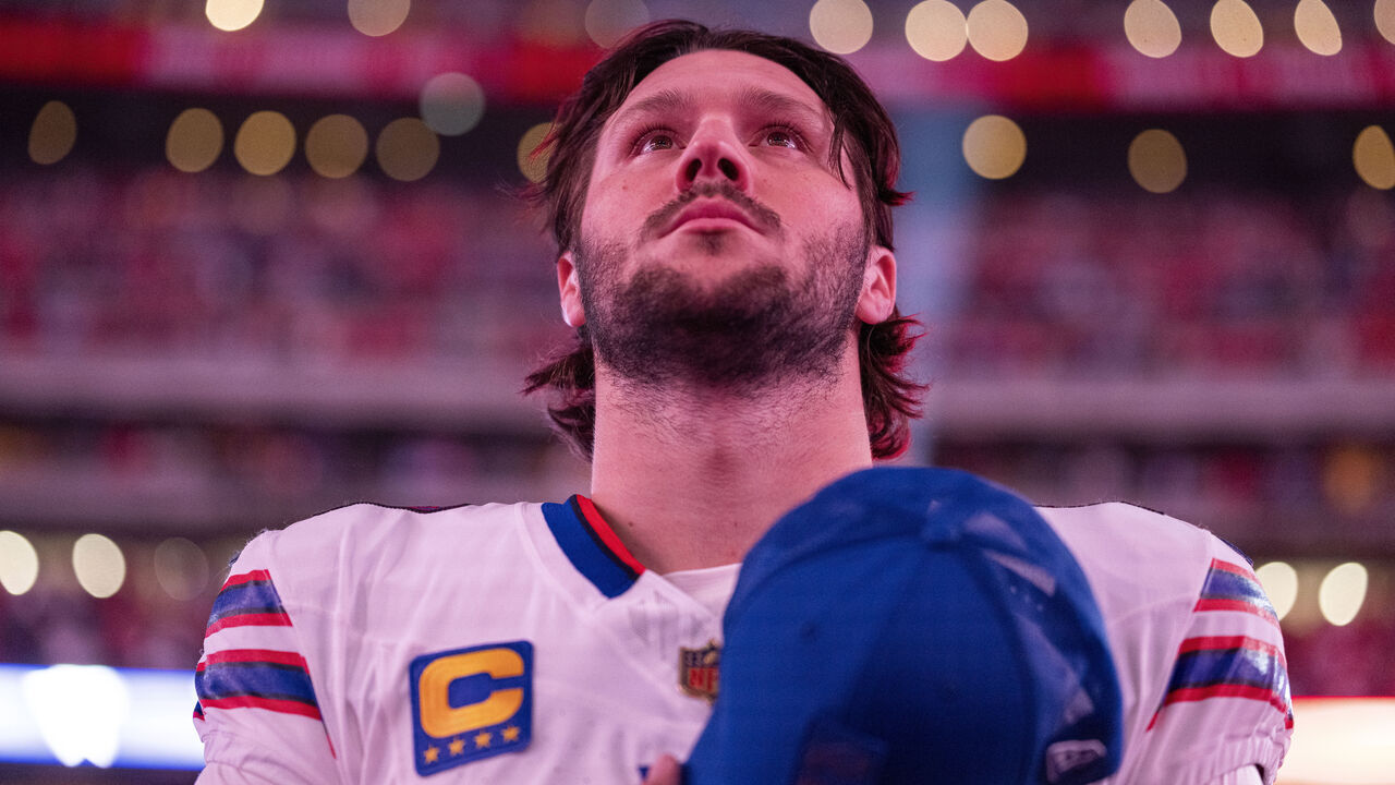 HOUSTON, TEXAS - NOVEMBER 20: Josh Allen #17 of the Buffalo Bills looks on prior to the national anthem prior to an NFL football game against the Houston Texans at NRG Stadium on November 20, 2025 in Houston, Texas.
