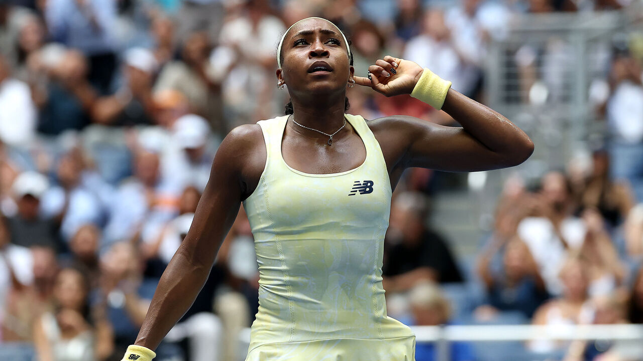 NEW YORK, NEW YORK - SEPTEMBER 09: Coco Gauff of the United States reacts against Mirra Andreeva during their Women's Singles Quarterfinal match on Day Eleven of the 2026 US Open at USTA Billie Jean King National Tennis Center on September 09, 2026 in the Flushing neighborhood of the Queens borough of New York City.