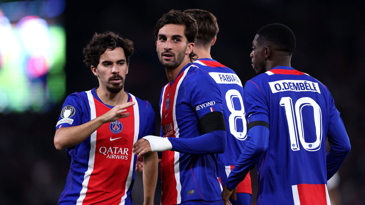 PARIS, FRANCE - SEPTEMBER 09: Ferran Torres of Paris Saint-Germain celebrates scoring his team’s fourth goal with Vitinha and Ousmane Dembele during the UEFA Champions League 2026/27 League Phase MD1 match between Paris Saint-Germain and SK Slovan Bratislava at Parc des Princes on September 09, 2026 in Paris, France.