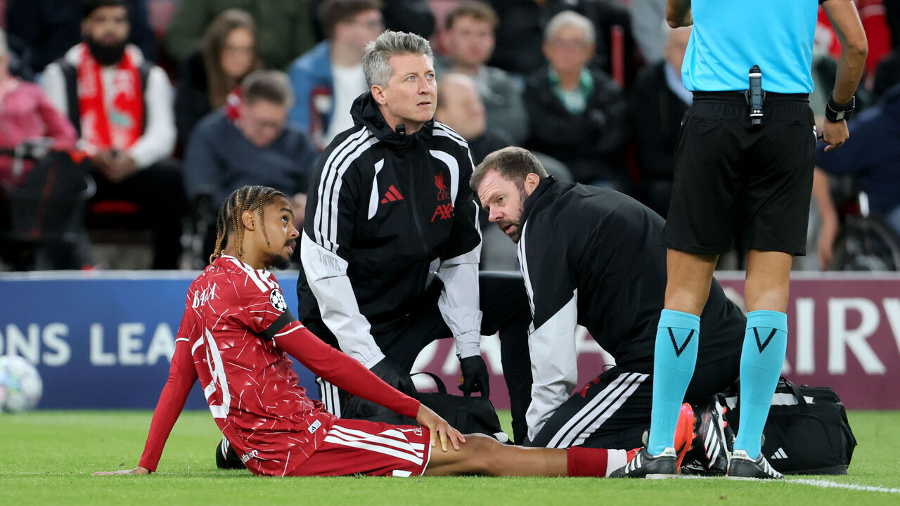 LIVERPOOL, ENGLAND - SEPTEMBER 9: Bradley Barcola of Liverpool is injured during the UEFA Champions League 2026/27 League Phase MD1 match between Liverpool FC and Atletico de Madrid at Anfield on September 9, 2026 in Liverpool, England.