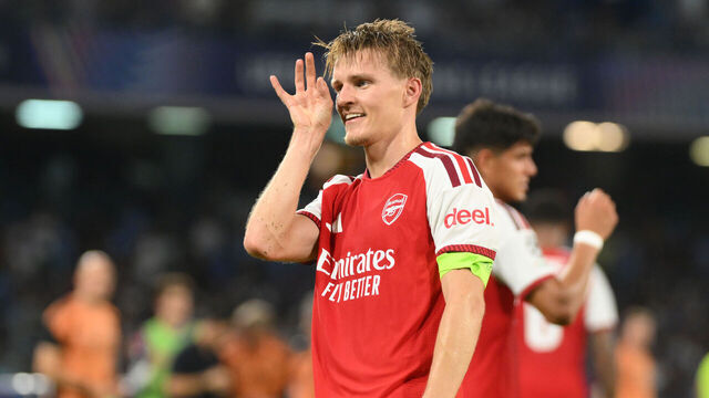 Arsenal's Martin Odegaard celebrates scoring their side's first goal of the game during the UEFA Champions League, league phase match at the Stadio Diego Armando Maradona, Naples, Italy. Picture date: Wednesday September 9, 2026.