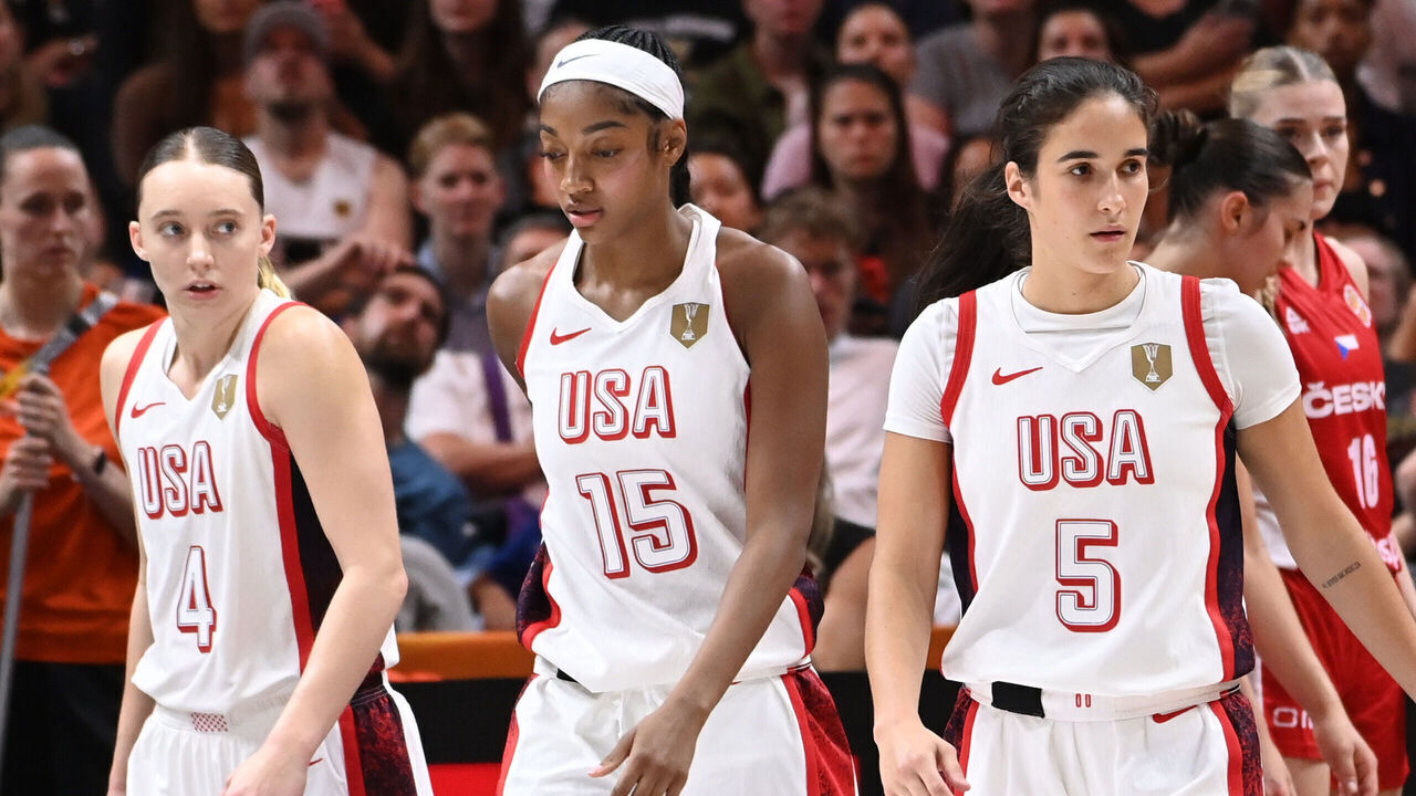 BERLIN, GERMANY - SEPTEMBER 7: Paige Bueckers #4, Angel Reese #15, and Sonia Citron #5 of the USA Women's National Team look on during the game against the Czech Republic National Team during the FIBA Women's Basketball World Cup 2026 on September 7, 2026 at Berlin Arena in Berlin, Germany.. Mandatory Copyright Notice: Copyright 2026 NBAE
