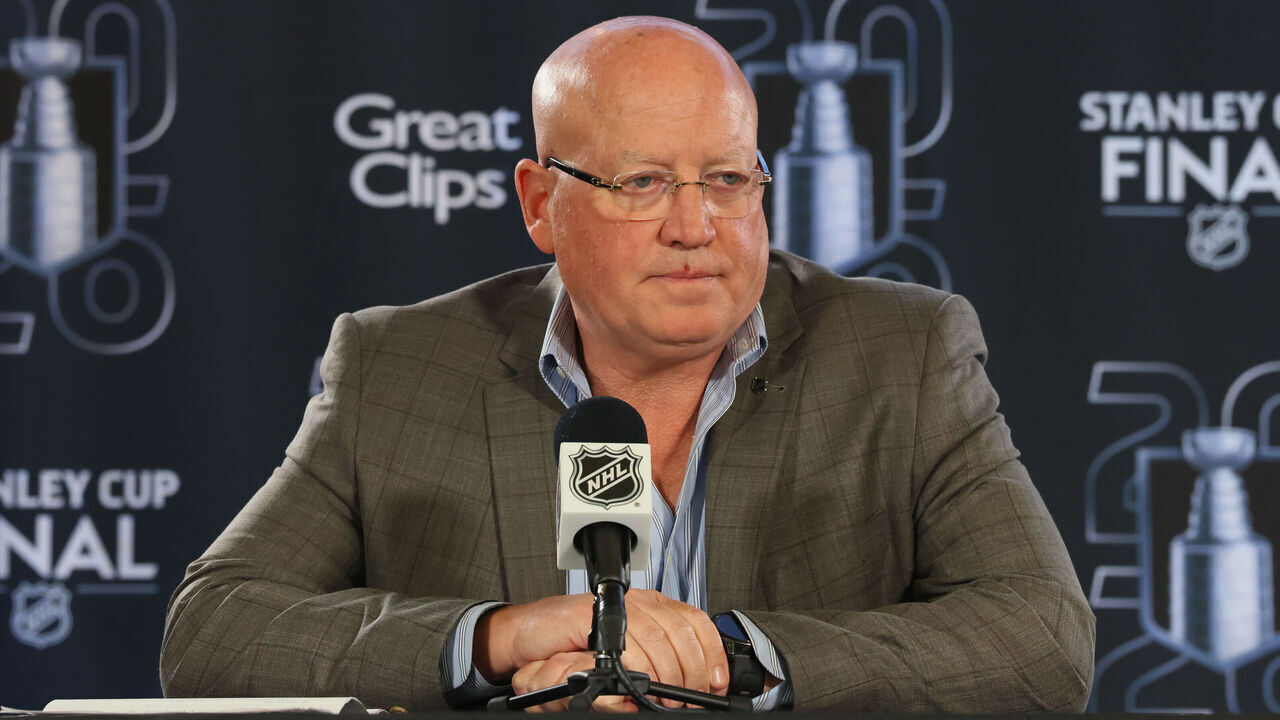 RALEIGH, NORTH CAROLINA - JUNE 02: NHL Deputy Commissioner Bill Daly speaks to the media prior to Game One of the 2026 Stanley Cup Final at Lenovo Center on June 02, 2026 in Raleigh, North Carolina.
