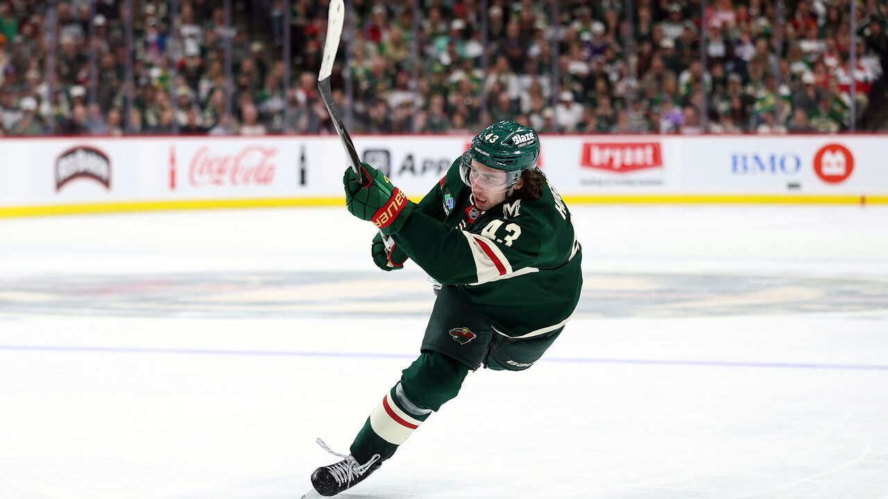 ST PAUL, MINNESOTA - APRIL 22: Quinn Hughes #43 of the Minnesota Wild shoots the puck against the Dallas Stars in the second period of Game Three of the First Round of the 2026 Stanley Cup Playoffs at Grand Casino Arena on April 22, 2026 in St Paul, Minnesota. The Stars defeated the Wild 4-3 in double overtime.