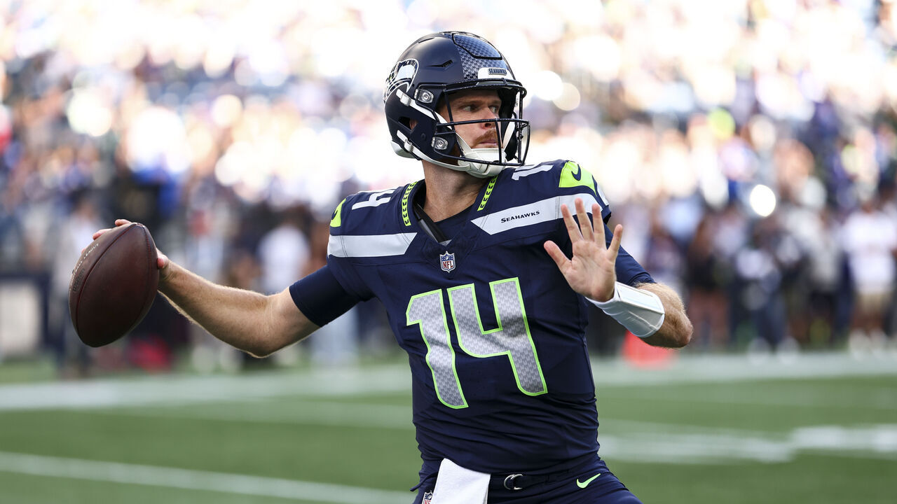 SEATTLE, WASHINGTON - SEPTEMBER 9: Sam Darnold #14 of the Seattle Seahawks warms up prior to the NFL football game against the New England Patriots at Lumen Field on September 9, 2026 in Seattle, Washington.