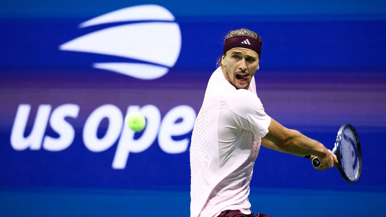 Germany's Alexander Zverev gets set to hit a return to Netherlands' Botic van de Zandschulp during their men's singles quarter-final tennis match on day eleven of the US Open tennis tournament at the USTA Billie Jean King National Tennis Center in New York City on September 9, 2026.