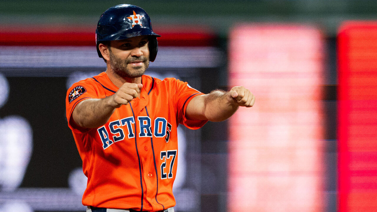 PHILADELPHIA, PENNSYLVANIA - SEPTEMBER 09: Jose Altuve #27 of the Houston Astros reacts after hitting a double in the third inning for his 2,500th career hit during a game against the Philadelphia Phillies at Citizens Bank Park on September 09, 2026 in Philadelphia, Pennsylvania.