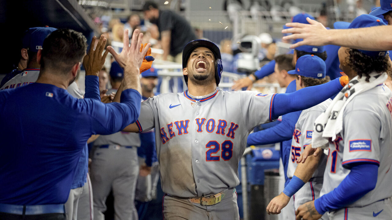 MIAMI, FL - SEPTEMBER 09: Christopher Morel #28 of the New York Mets celebrates with teammates in the dugout after hitting a two-run home run in the third inning during the game between the New York Mets and the Miami Marlins at loanDepot park on Wednesday, September 9, 2026 in Miami, Florida.