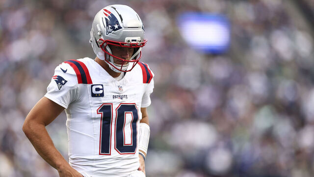 SEATTLE, WASHINGTON - SEPTEMBER 9: Drake Maye #10 of the New England Patriots stands on the field during the second quarter of the NFL football game against the Seattle Seahawks at Lumen Field on September 9, 2026 in Seattle, Washington.