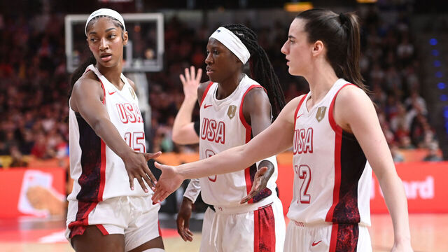 BERLIN, GERMANY - SEPTEMBER 04: Angel Reese #15 and Caitlin Clark #12 of the USA Women's National Team high five during the game against the China National Team at the FIBA Women's Basketball World Cup 2026 on September 4, 2026 at Max-Schmeling-Halle in Berlin, Germany. Mandatory Copyright Notice: Copyright 2026 NBAE