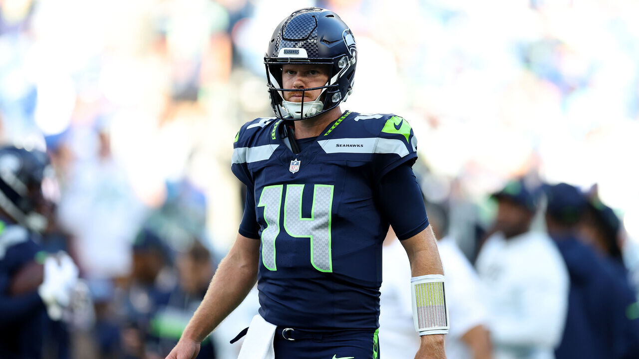 SEATTLE, WASHINGTON - SEPTEMBER 09: Sam Darnold #14 of the Seattle Seahawks looks on against the New England Patriots during the first quarter in the game at Lumen Field on September 09, 2026 in Seattle, Washington.