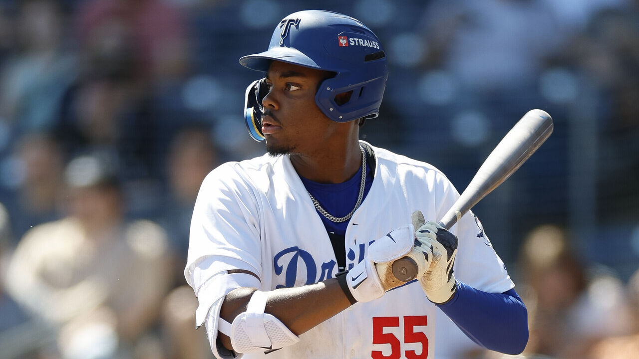 TULSA, OKLAHOMA - APRIL 19: Josue de Paula #55 of the Tulsa Drillers waits for a pitch during a game against the Arkansas Travelers at ONEOK Field on April 19, 2026 in Tulsa, Oklahoma.