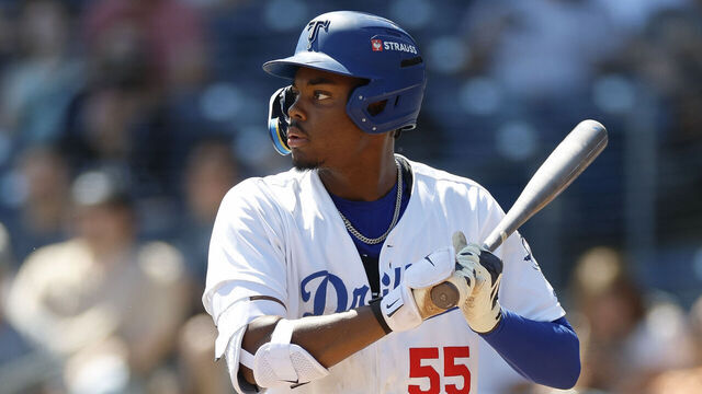 TULSA, OKLAHOMA - APRIL 19: Josue de Paula #55 of the Tulsa Drillers waits for a pitch during a game against the Arkansas Travelers at ONEOK Field on April 19, 2026 in Tulsa, Oklahoma.