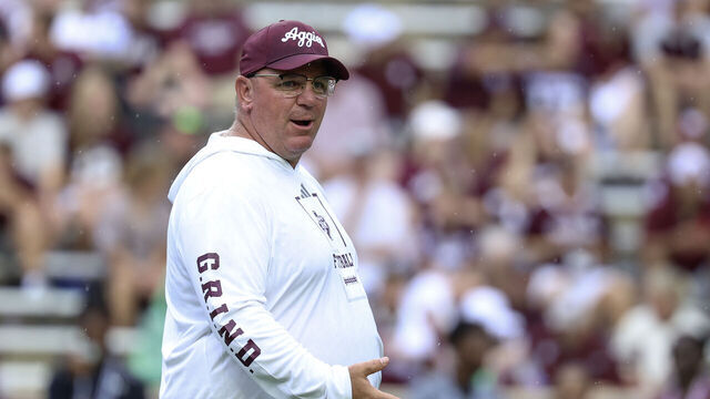 COLLEGE STATION, TEXAS - SEPTEMBER 05: Mike Elko of the Texas A&M Aggies looks on prior to the game against the Missouri State Bears at Kyle Field on September 05, 2026 in College Station, Texas.