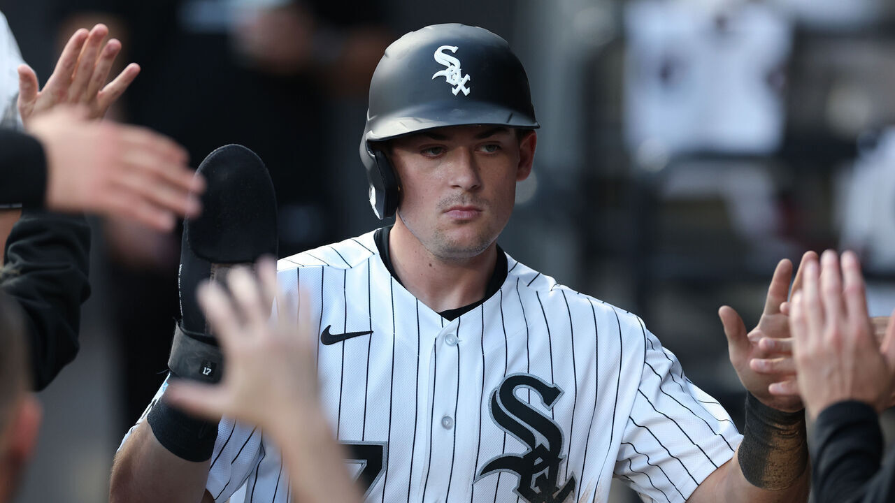 CHICAGO, ILLINOIS - AUGUST 25: Sam Antonacci #17 of the Chicago White Sox high fives teammates after scoring a run against the Texas Rangers during the first inning at Rate Field on August 25, 2026 in Chicago, Illinois.