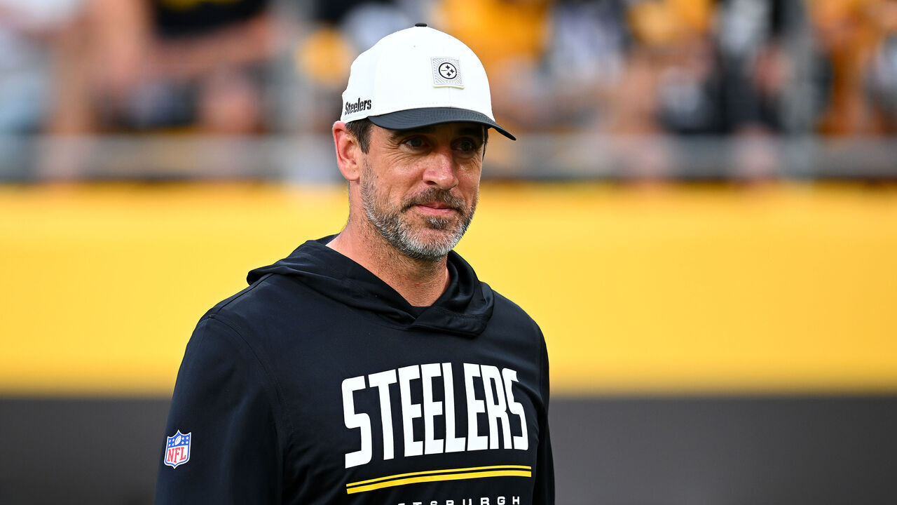 PITTSBURGH, PENNSYLVANIA - AUGUST 13: Aaron Rodgers #8 of the Pittsburgh Steelers looks on during the game against the Green Bay Packers at Acrisure Stadium on August 13, 2026 in Pittsburgh, Pennsylvania.
