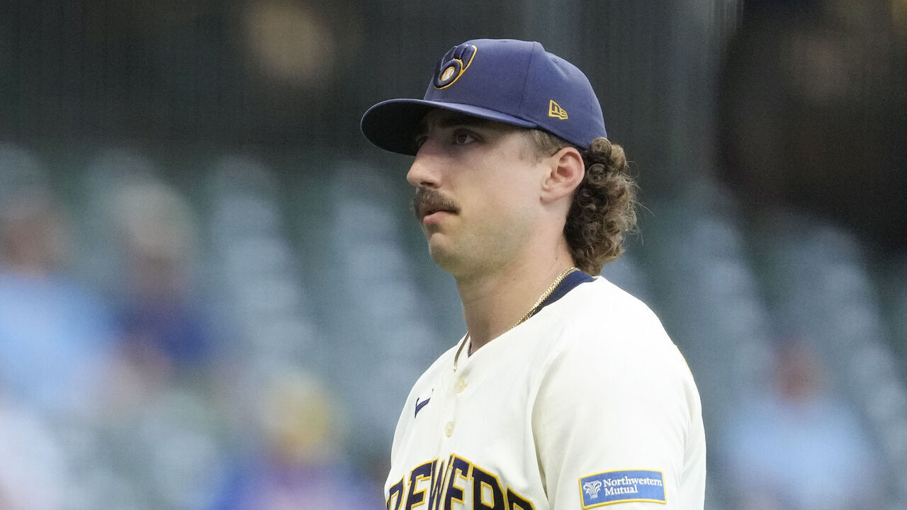 MILWAUKEE, WISCONSIN - AUGUST 03: Pitcher Brandon Sproat #23 of the Milwaukee Brewers walks to the dugout after being removed from the game against the Pittsburgh Pirates in the fourth inning at American Family Field on August 03, 2026 in Milwaukee, Wisconsin.
