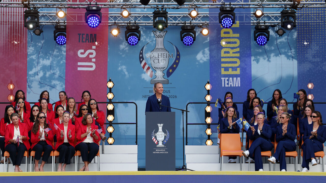 CROMVOIRT, NETHERLANDS - SEPTEMBER 10: Team Europe Captain Anna Nordqvist addresses the crowd during the Opening Ceremony prior to the Solheim Cup 2026 at Bernardus Golf on September 10, 2026 in Cromvoirt, Netherlands.