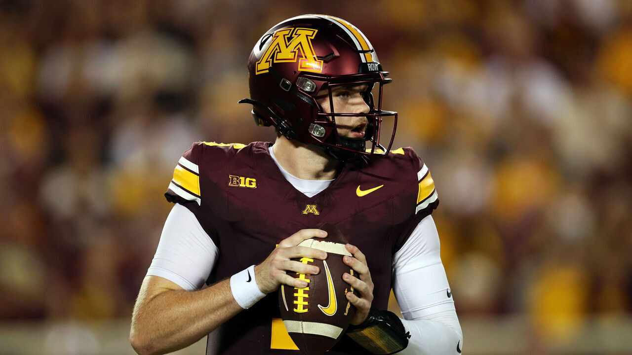 MINNEAPOLIS, MINNESOTA - SEPTEMBER 03: Drake Lindsey #5 of the Minnesota Golden Gophers looks to pass against the Eastern Illinois Panthers in the second quarter at Huntington Bank Stadium on September 03, 2026 in Minneapolis, Minnesota. The Golden Gophers defeated the Panthers 59-7.