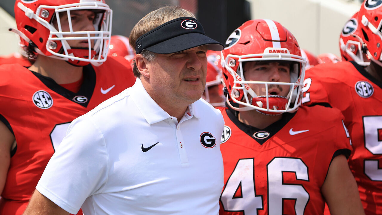 ATHENS, GA - SEPTEMBER 05: Head coach Kirby Smart of the Georgia Bulldogs prepares to run onto the field prior to the college football game between the Tennessee State Tigers and the University of Georgia Bulldogs on September 5, 2026 at Sanford Stadium in Athens, GA.