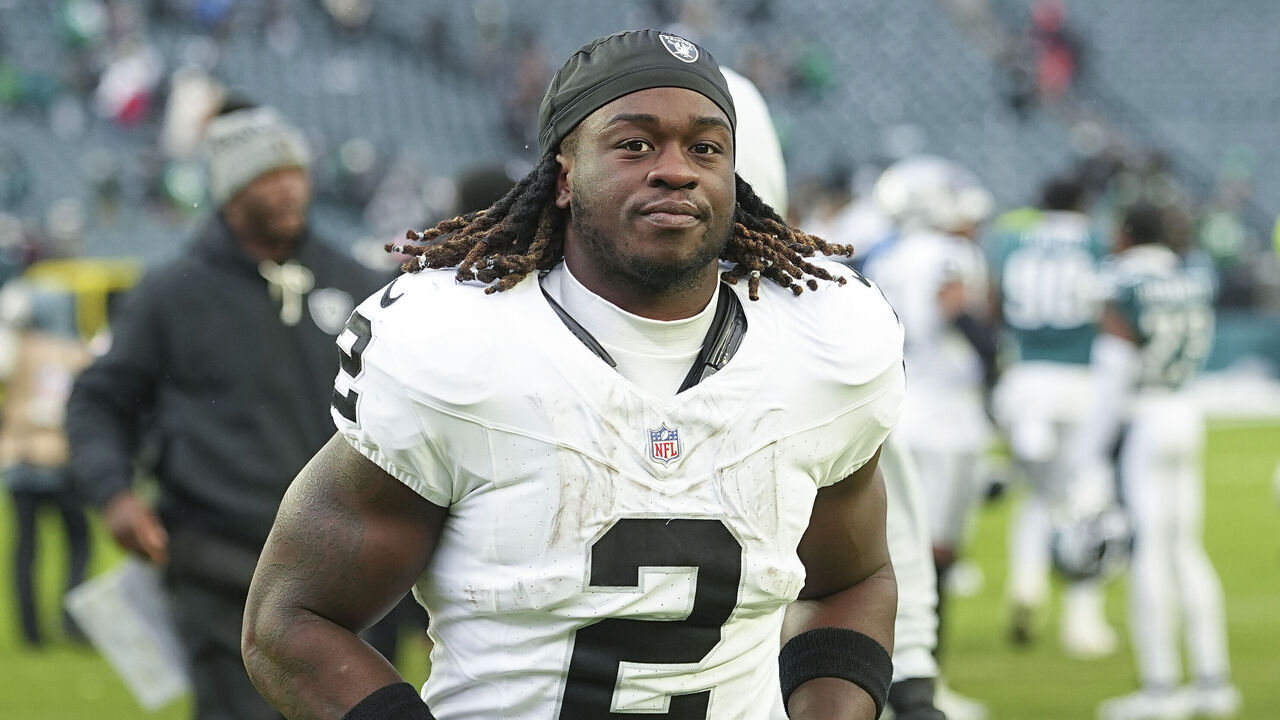 PHILADELPHIA, PENNSYLVANIA - DECEMBER 14: Ashton Jeanty #2 of the Las Vegas Raiders looks on against the Philadelphia Eagles at Lincoln Financial Field on December 14, 2025 in Philadelphia, United States.