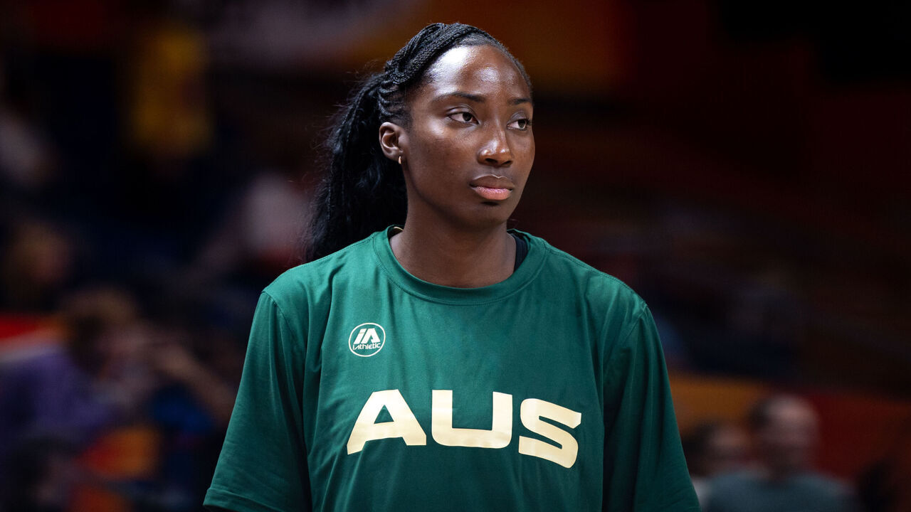 Ezi Magbegor warms up before the FIBA Women's Basketball World Cup 2026 qualification match between Italy and Australia in Berlin, Germany, on September 9, 2026.