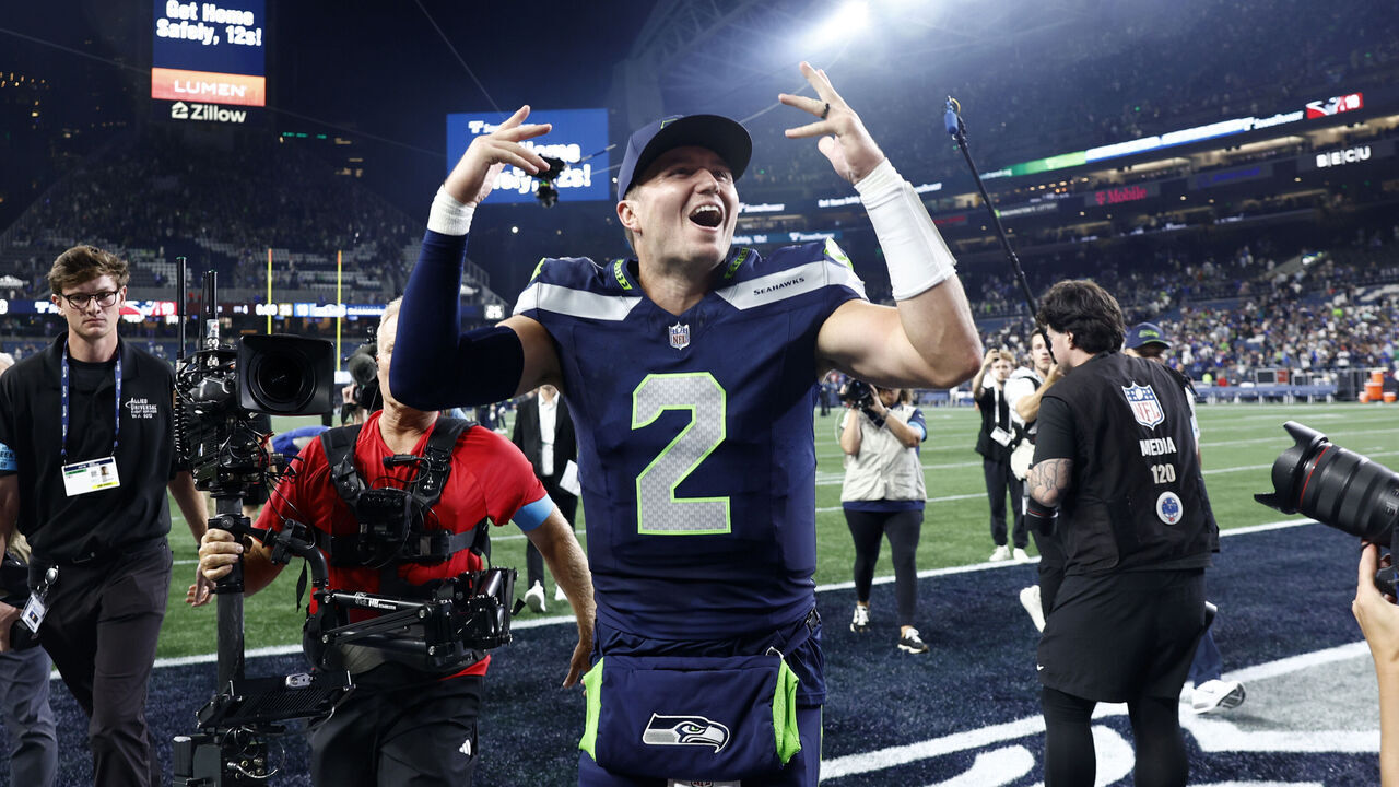 Seattle, WA - September 9: Seattle Seahawks quarterback Drew Lock celebrates the win. The New England Patriots played the Seattle Seahawks at Lumen Field on September 9, 2026.